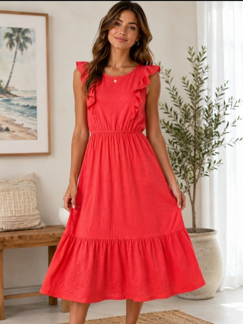 J.Crew Red Cotton Ruffle Tiered Midi Dress Size XS